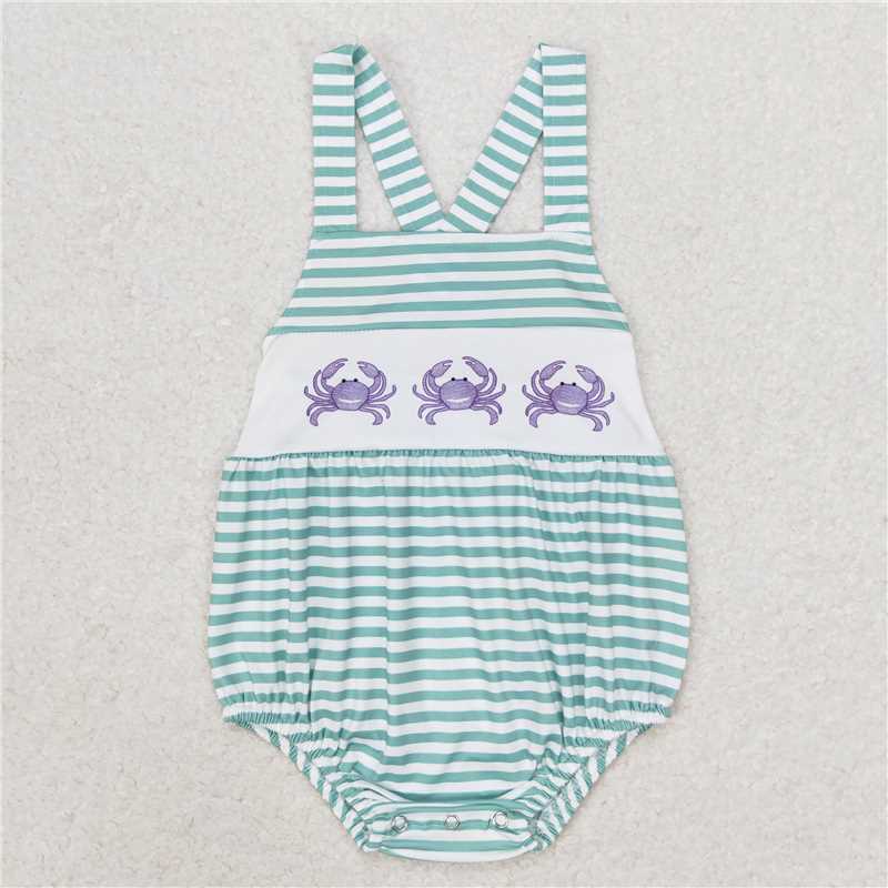 SR1118 Blue crab green striped vest jumpsuit