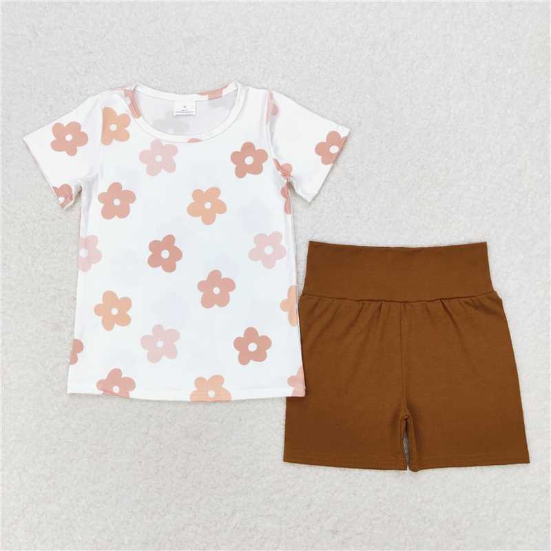 GSSO1371 White floral short-sleeved solid brown shorts set