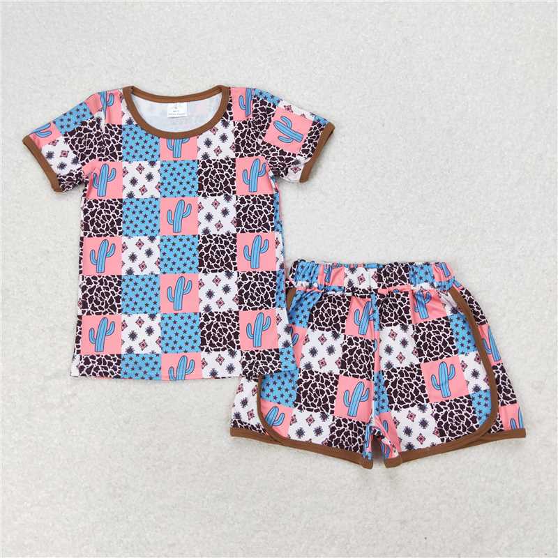 GSSO1299 Cactus star geometric pattern plaid short sleeve shorts set