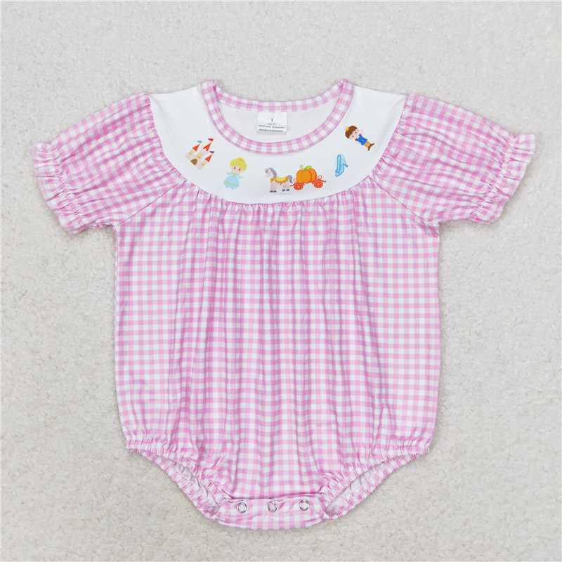 SR1692 Castle Prince Princess Pumpkin Car Pink and White Plaid Short Sleeve Bodysuit