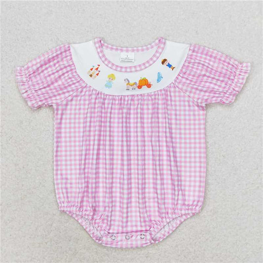 SR1692 Castle Prince Princess Pumpkin Car Pink and White Plaid Short Sleeve Bodysuit