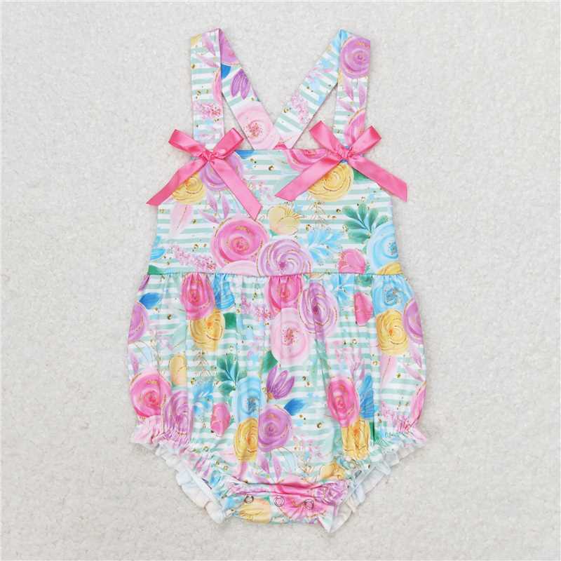 SR1424 Colorful flower stripes pink bow vest jumpsuit