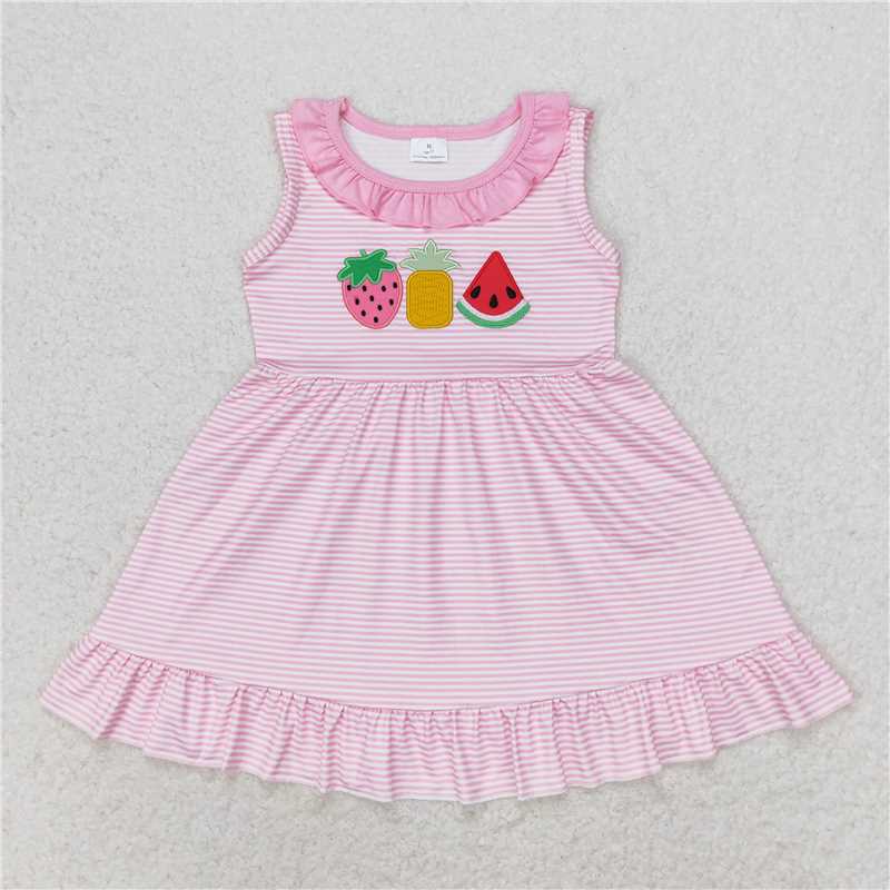 GSD1055 Embroidered strawberry, pineapple and watermelon striped pink lace sleeveless dress