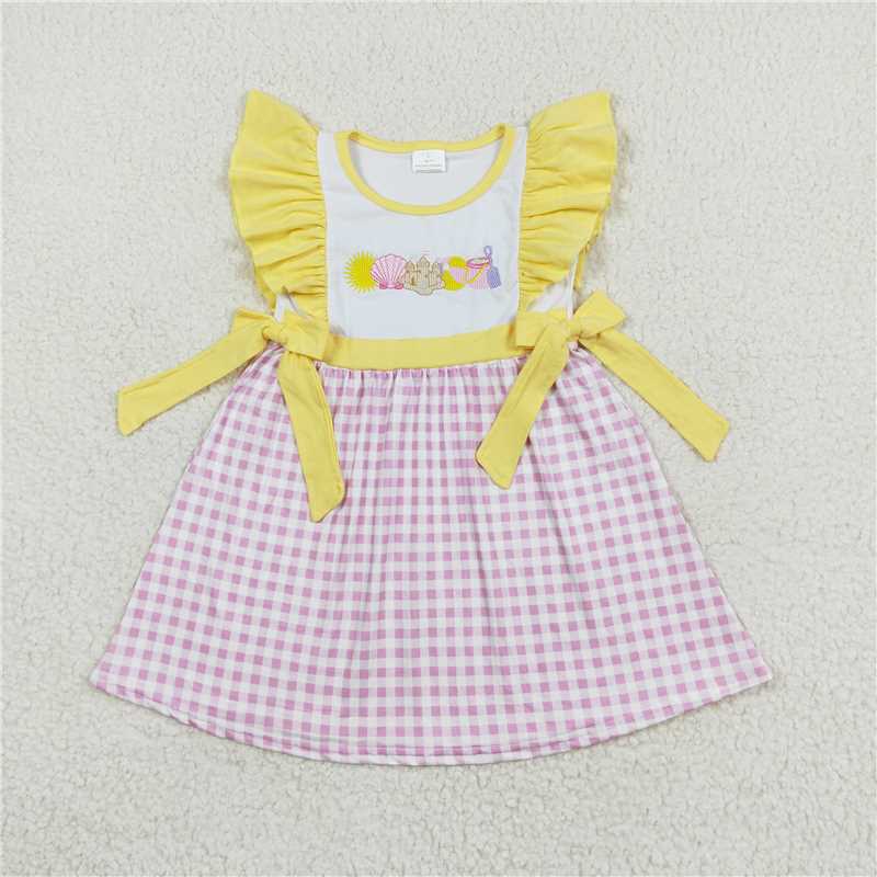 GSD0600 Embroidered shell castle beach ball pink and white plaid yellow lace bow flying sleeve dress