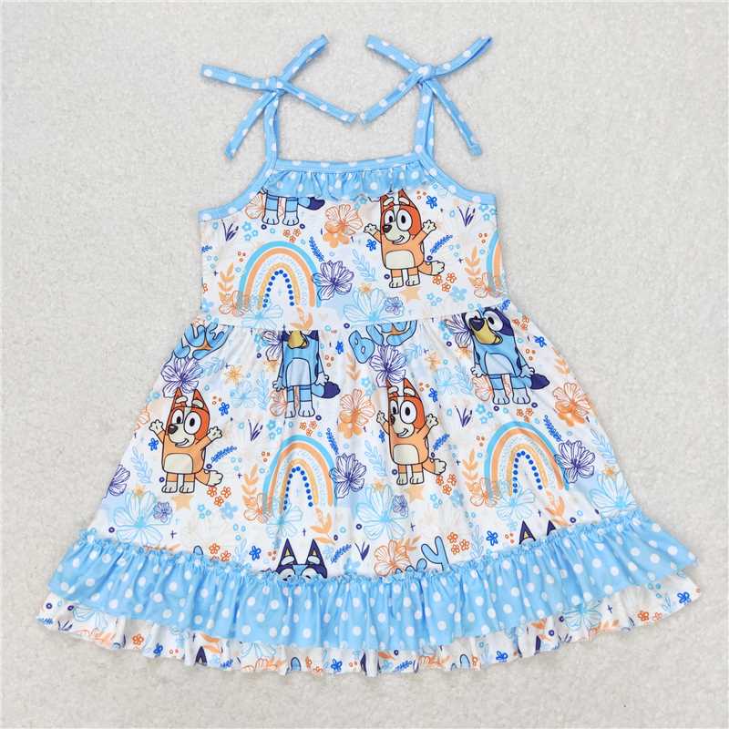 GSD1284 bluey rainbow flower polka dot blue lace suspender dress