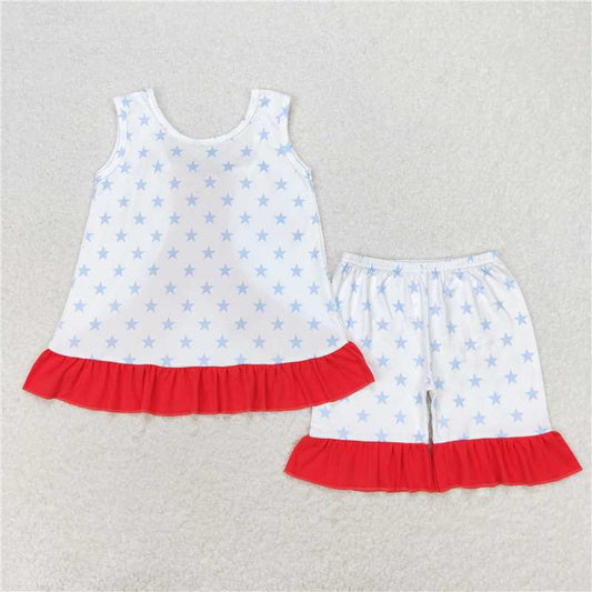 GSSO1217 Star red lace bow white sleeveless shorts set