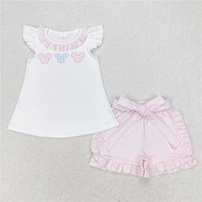 GSSO1136 Mickey pink plaid lace white flying sleeve shorts set