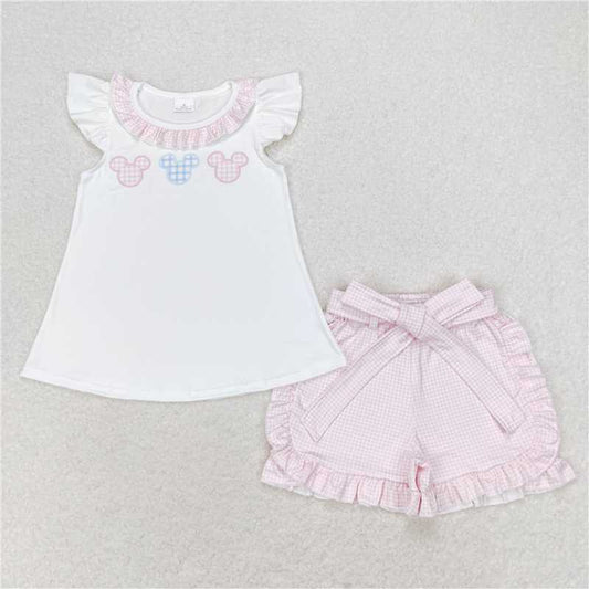 GSSO1136 Mickey pink plaid lace white flying sleeve shorts set