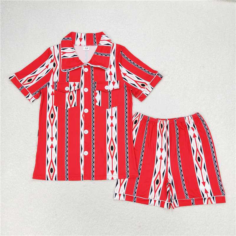 4.10  GSSO1283 Adult female geometric red short-sleeved shorts pajamas set