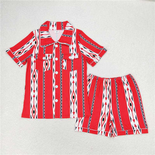 4.10  GSSO1283 Adult female geometric red short-sleeved shorts pajamas set