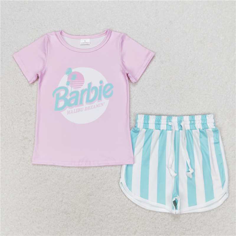 GSSO1168 barbie pink short-sleeved striped shorts set