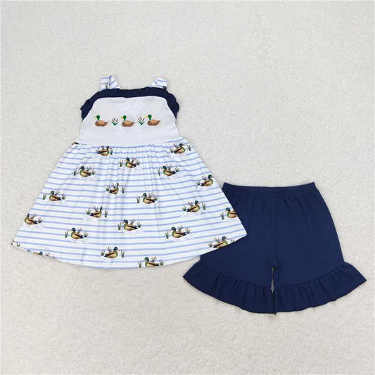 GSSO1189 Embroidered three duck stripes navy blue lace sleeveless shorts set