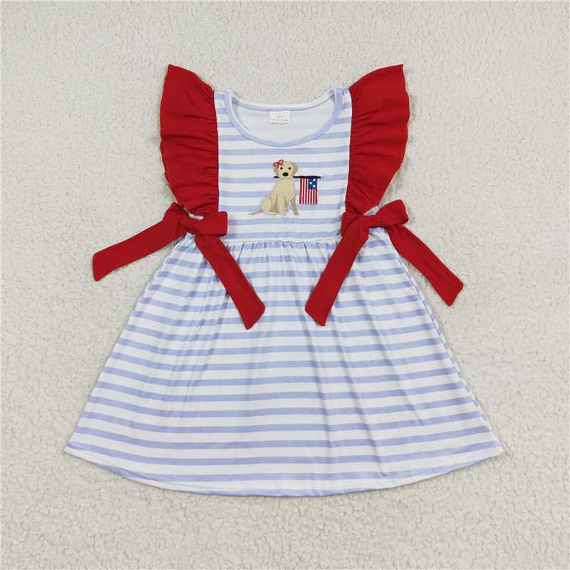 GSD0845 Embroidered dog flag stripes red lace bow flying sleeve dress