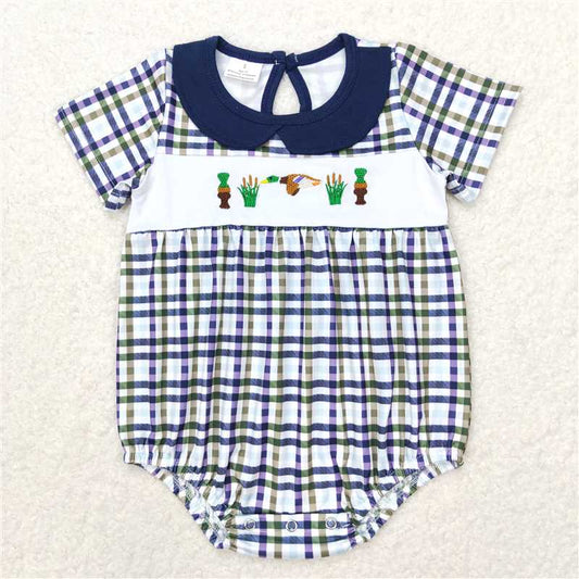 SR1242 Embroidered bottle duck plaid short-sleeved jumpsuit