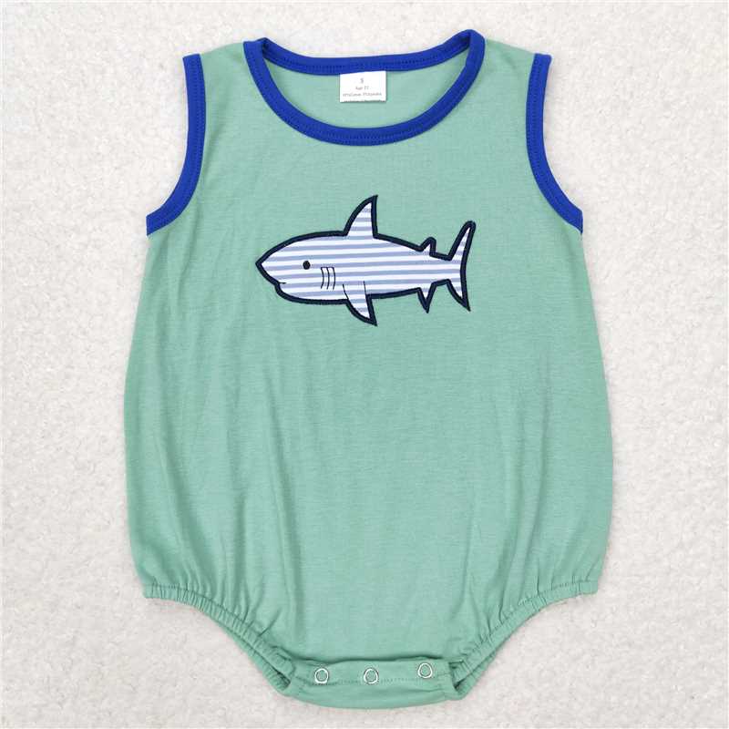 SR1590 Embroidered shark turquoise vest bodysuit