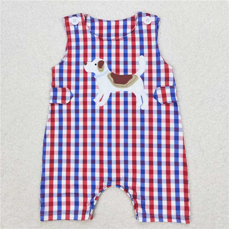 SR0821 Puppy red and blue plaid sleeveless jumpsuit