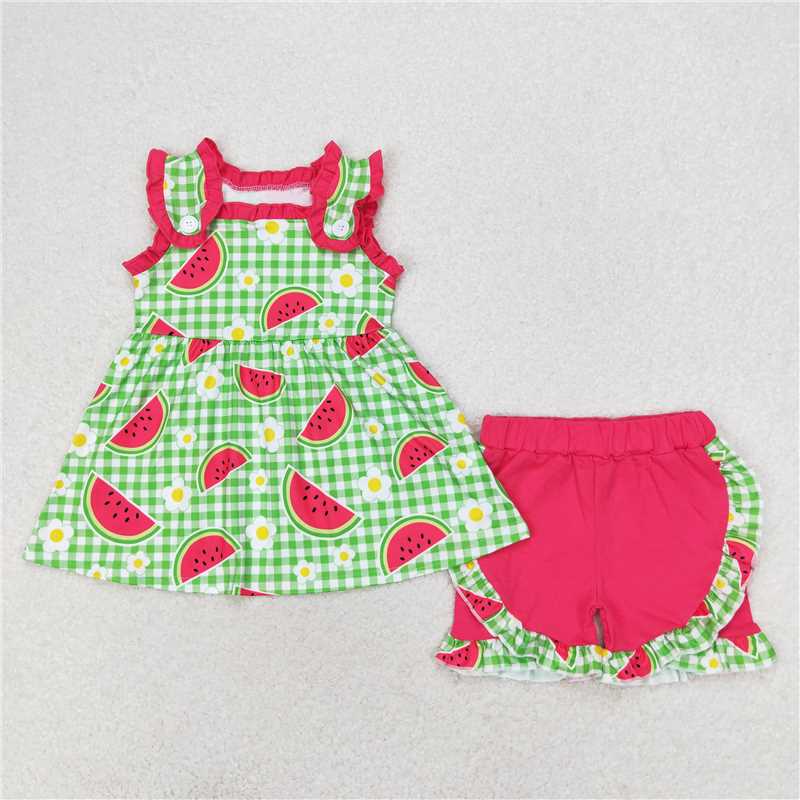 GSSO0701 Watermelon flower green plaid sleeveless shorts set