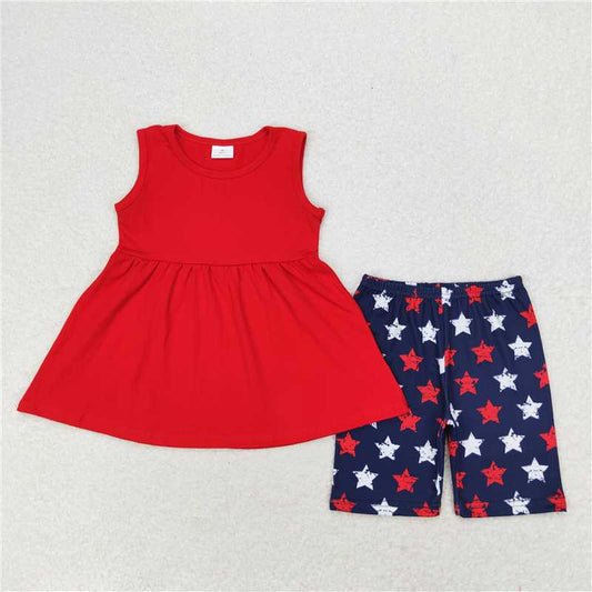 GSSO1302 Solid red sleeveless star navy blue shorts set