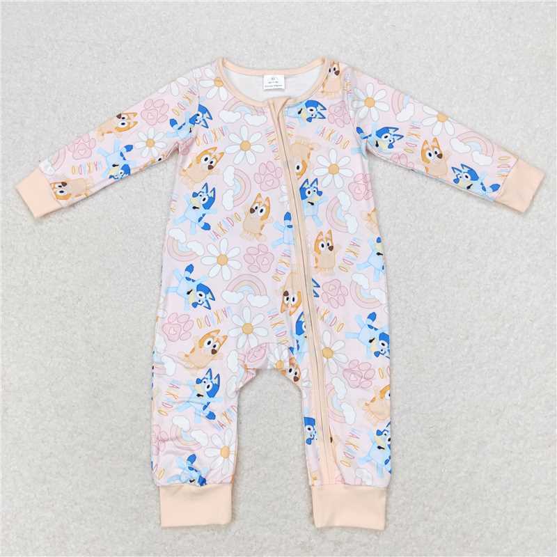 LR0976 bluey rainbow flower pink zipper long sleeve jumpsuit