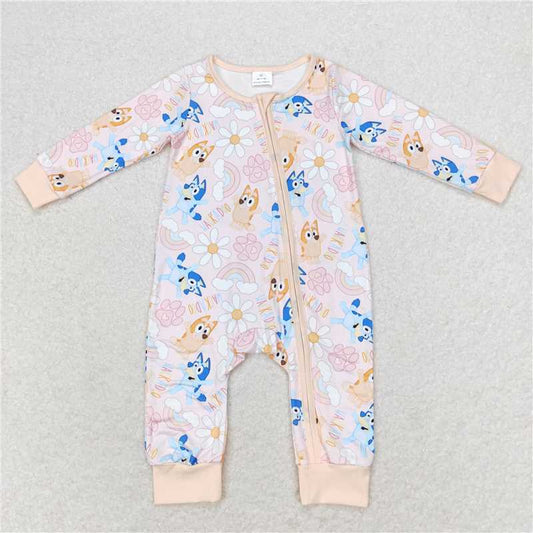 LR0976 bluey rainbow flower pink zipper long sleeve jumpsuit