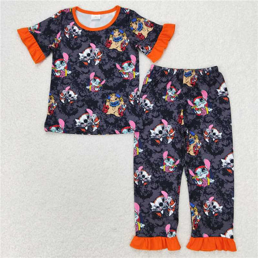 GSPO1580 Halloween Stitch bat orange lace black and gray short-sleeved long pants pajamas set