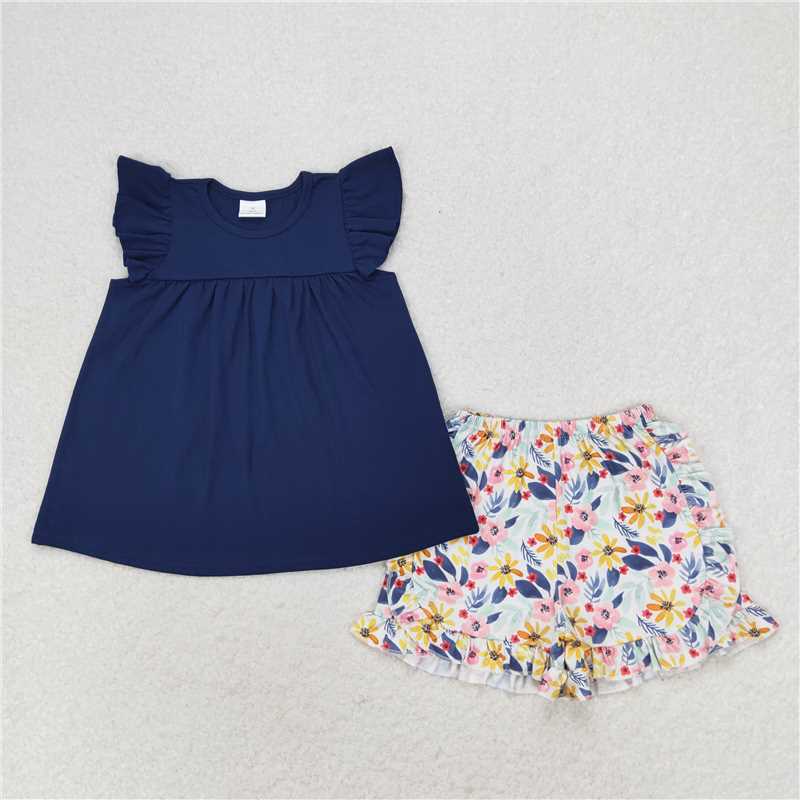 GSSO1296 Pure dark blue flying sleeves floral shorts set