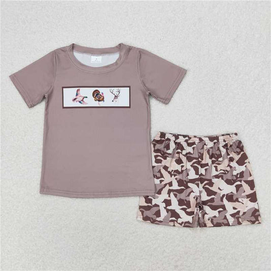 BSSO0953 Duck Turkey Deer Brown Short Sleeve Shorts Set