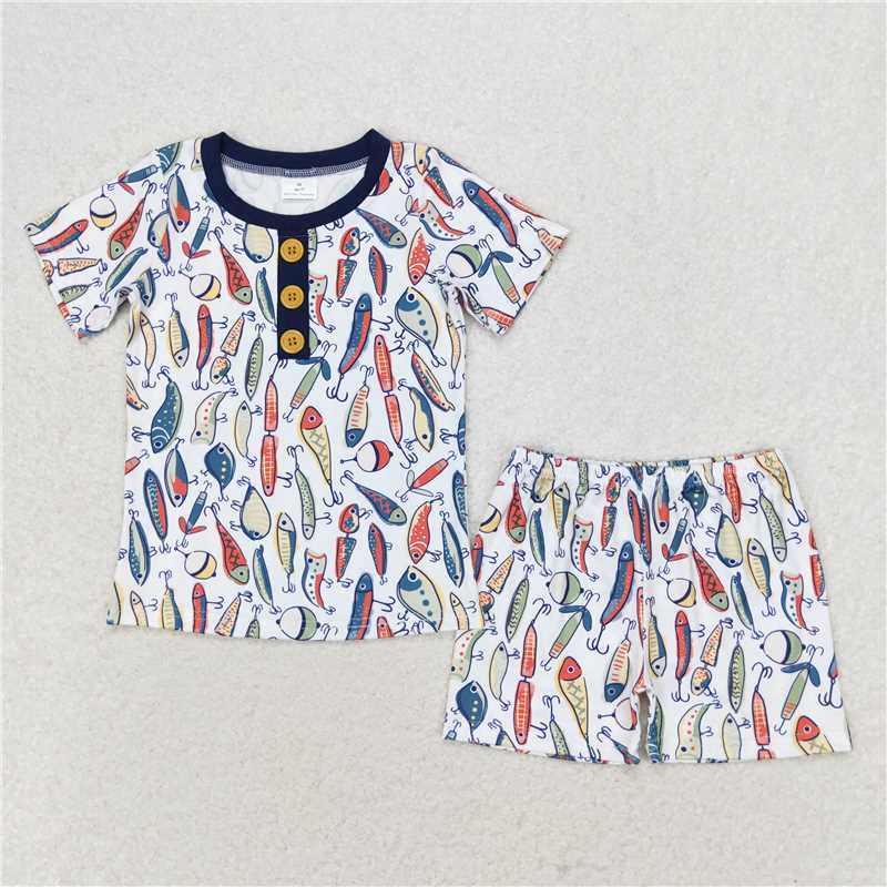 BSSO0987 Fishing navy blue hem short-sleeved shorts pajamas set