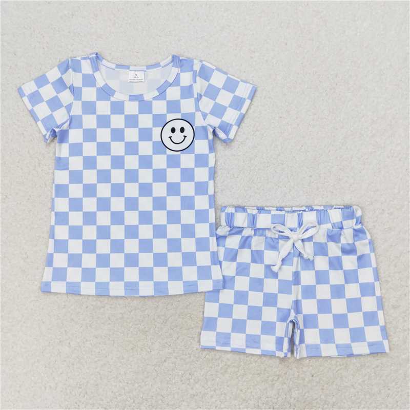 BSSO0974 Smiley blue and white plaid short-sleeved shorts set