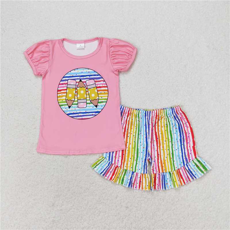 GSSO1366 Pencil color striped pink short-sleeved shorts set