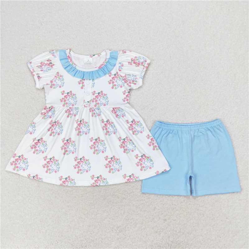 GSSO1225 Flower bird's nest blue lace white short-sleeved shorts set