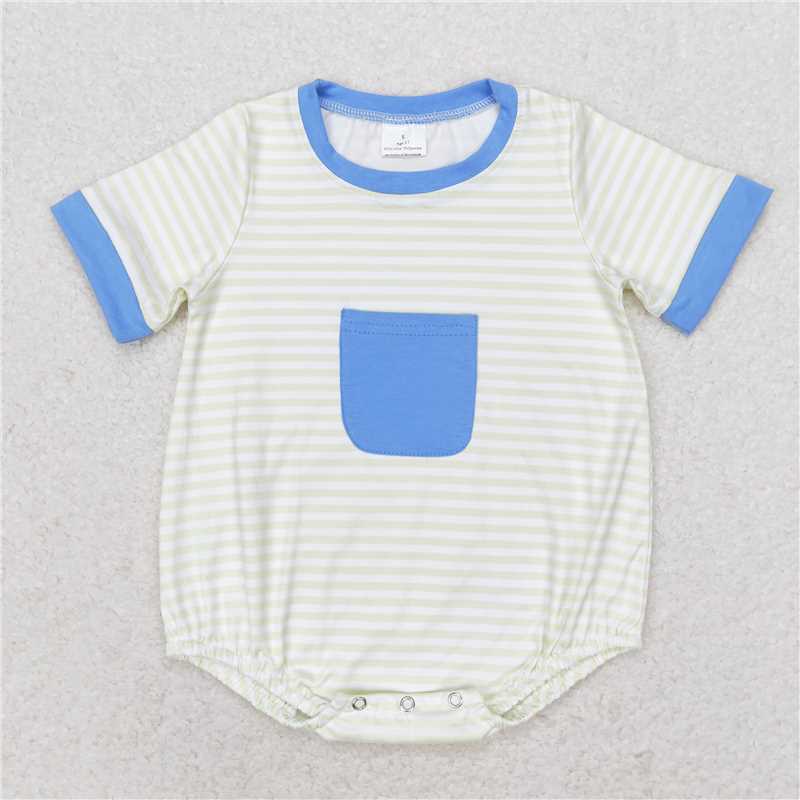 SR1840 Striped haze blue pocket short-sleeved jumpsuit