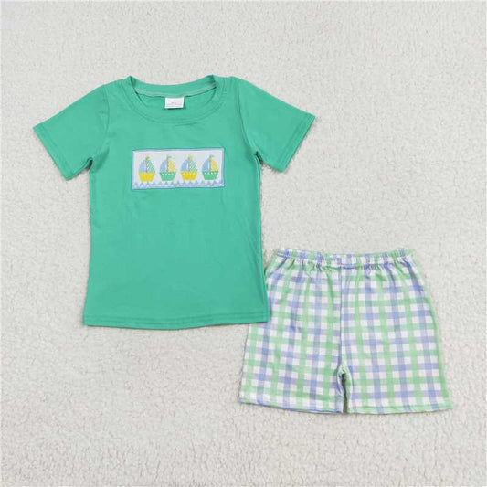 BSSO0887 Embroidered sailboat blue green short-sleeved plaid shorts set