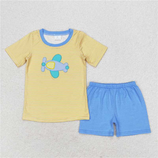 BSSO0724 Embroidered airplane stripe yellow short-sleeved blue shorts suit