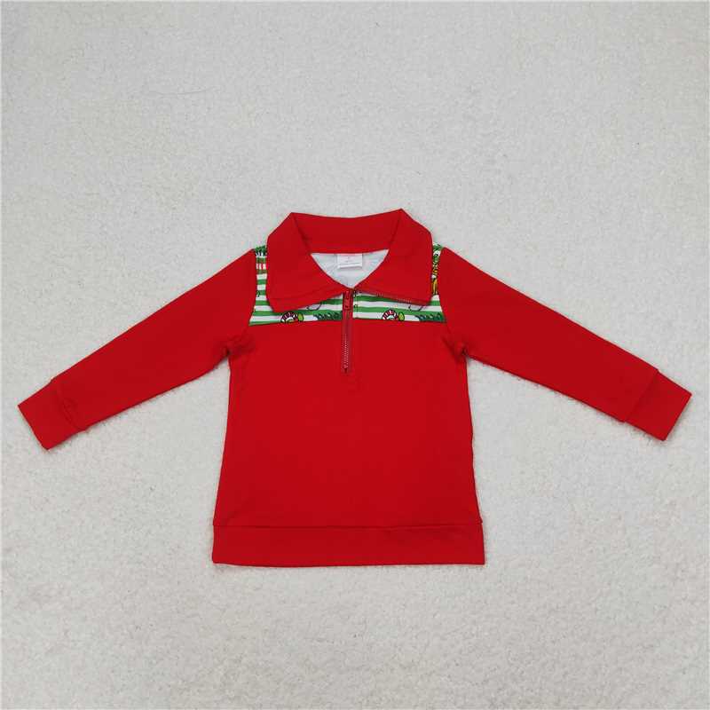 BT0726 Grinch puppy Christmas tree green stripes red zipper long sleeve top