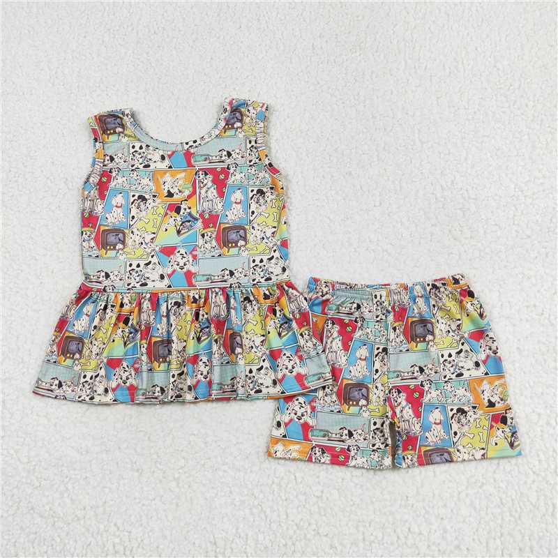 GSSO1309 Cartoon Dalmatian geometric pattern sleeveless shorts suit