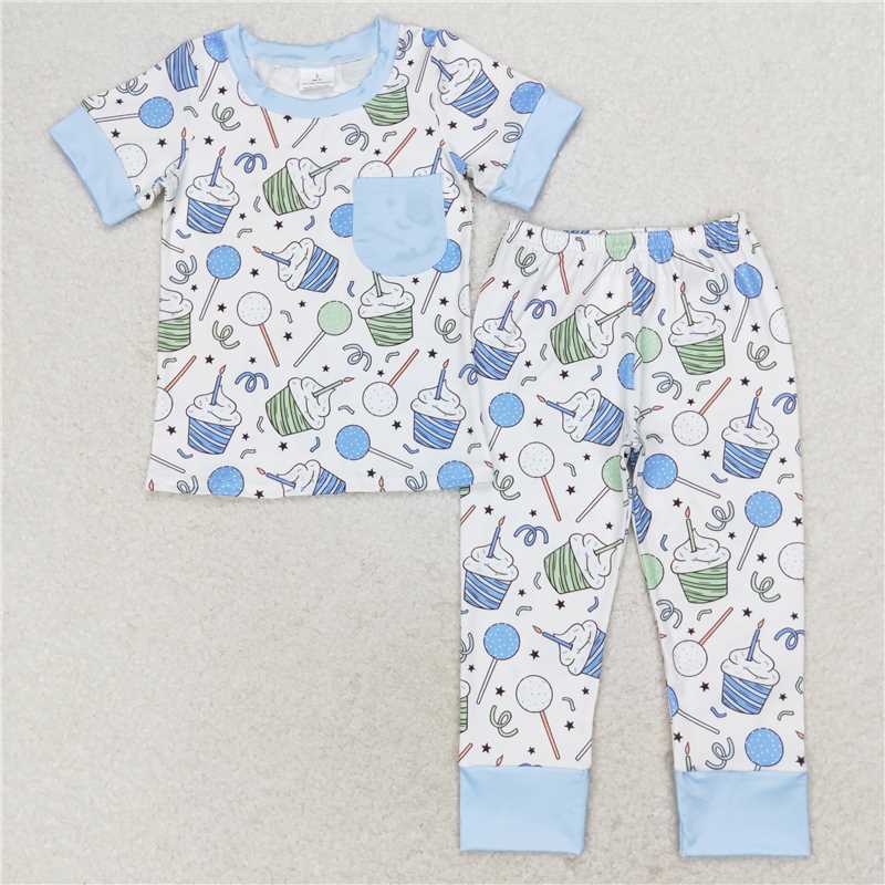 BSPO0410 Birthday candle cake blue pocket short-sleeved long pants pajamas set