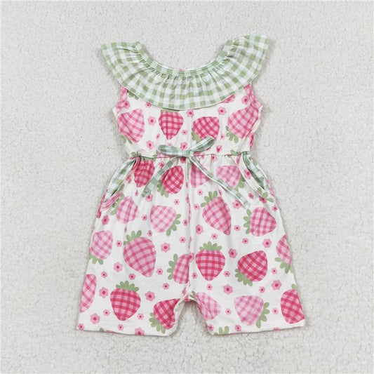 SR1565 Flower strawberry green plaid sleeveless jumpsuit