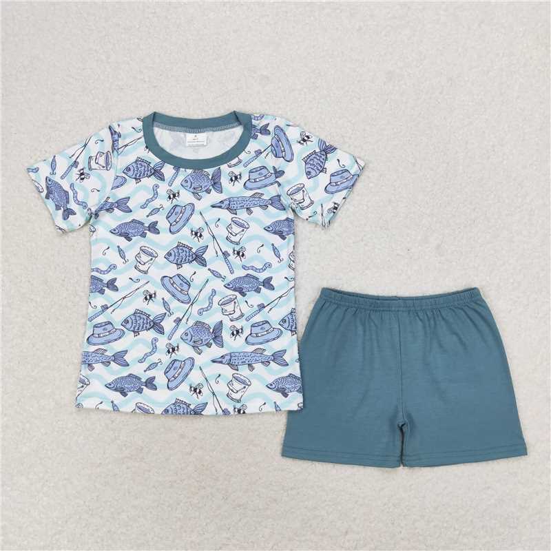 BSSO0994 Fishing wave stripe blue shorts set