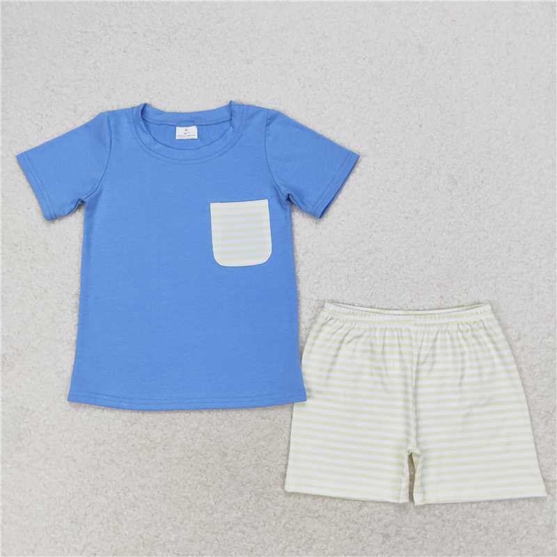 BSSO0985 Striped pocket haze blue short-sleeved shorts set