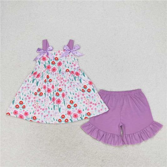 GSSO0992 Flower purple lace bow sleeveless shorts set