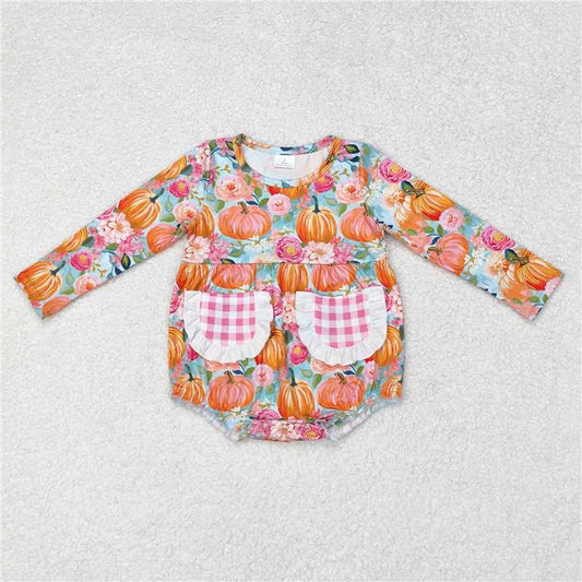 LR1059 Pumpkin Blossom Pink Plaid Pocket Long Sleeve Bodysuit