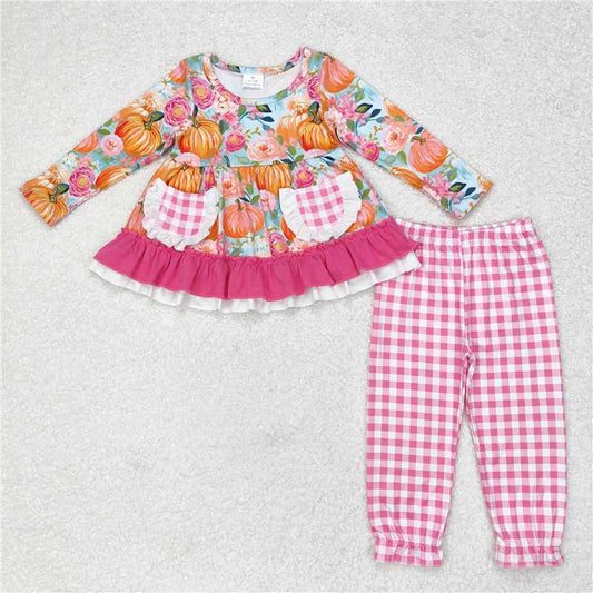 GLP1233 Pumpkin flower pink lace plaid pocket long sleeve trousers suit