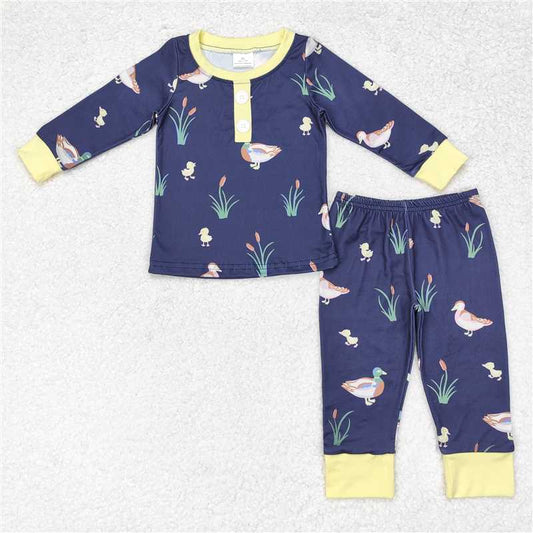 BLP0500 Duck yellow trim navy blue long sleeve long pants pajamas set