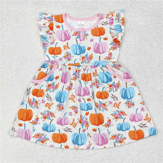 GSD1332 Pumpkin flower beige button-down dress with flying sleeves