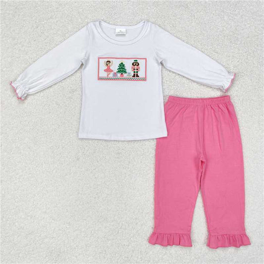 GLP1236 Embroidered Christmas tree nutcracker white long sleeve pink trousers set