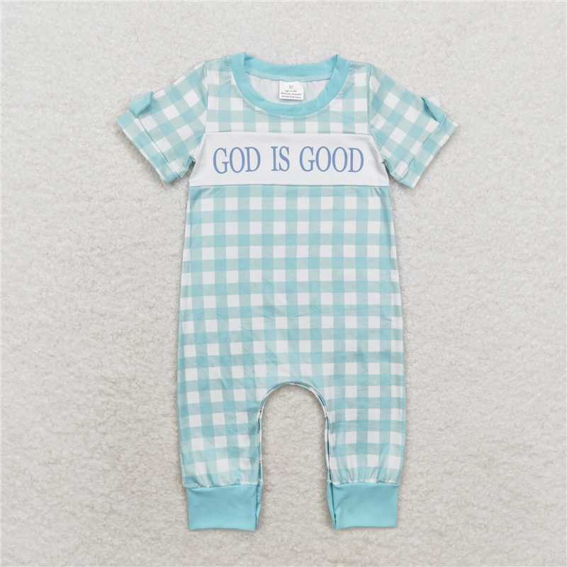 SR1939 god is good plaid blue-green short-sleeved jumpsuit