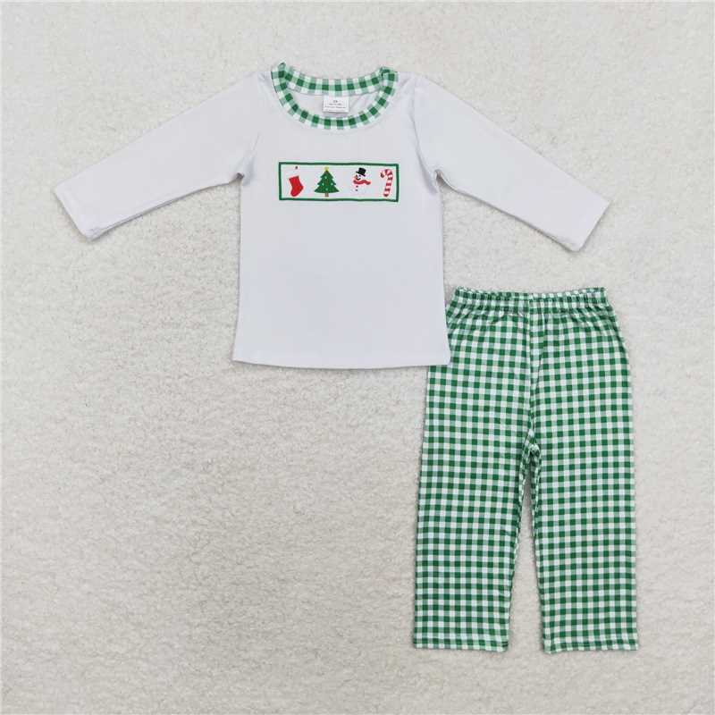 BLP0603 Embroidered Christmas tree snowman cane white long sleeve green plaid trousers suit