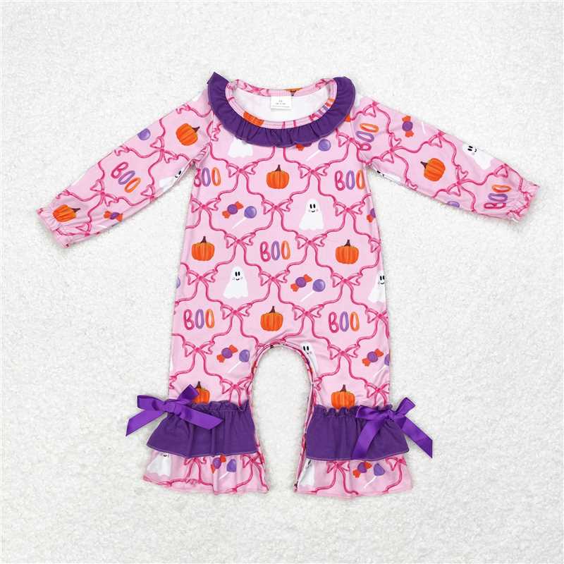 LR1411 boo ghost pumpkin bow pattern purple lace pink long-sleeved jumpsuit