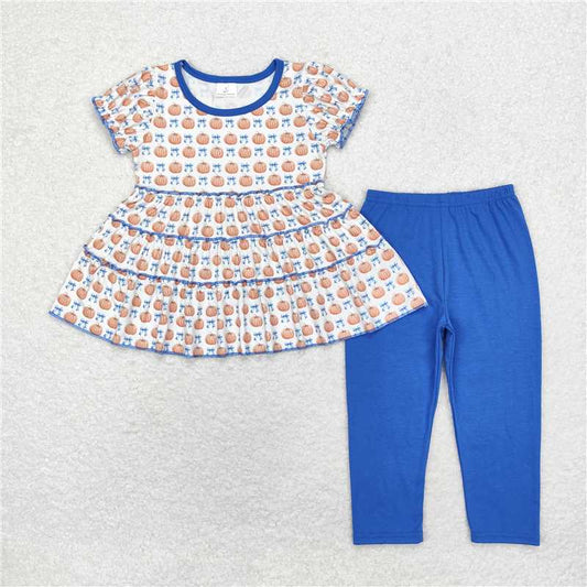 GSPO1678 Pumpkin bow pattern short-sleeved blue trousers suit